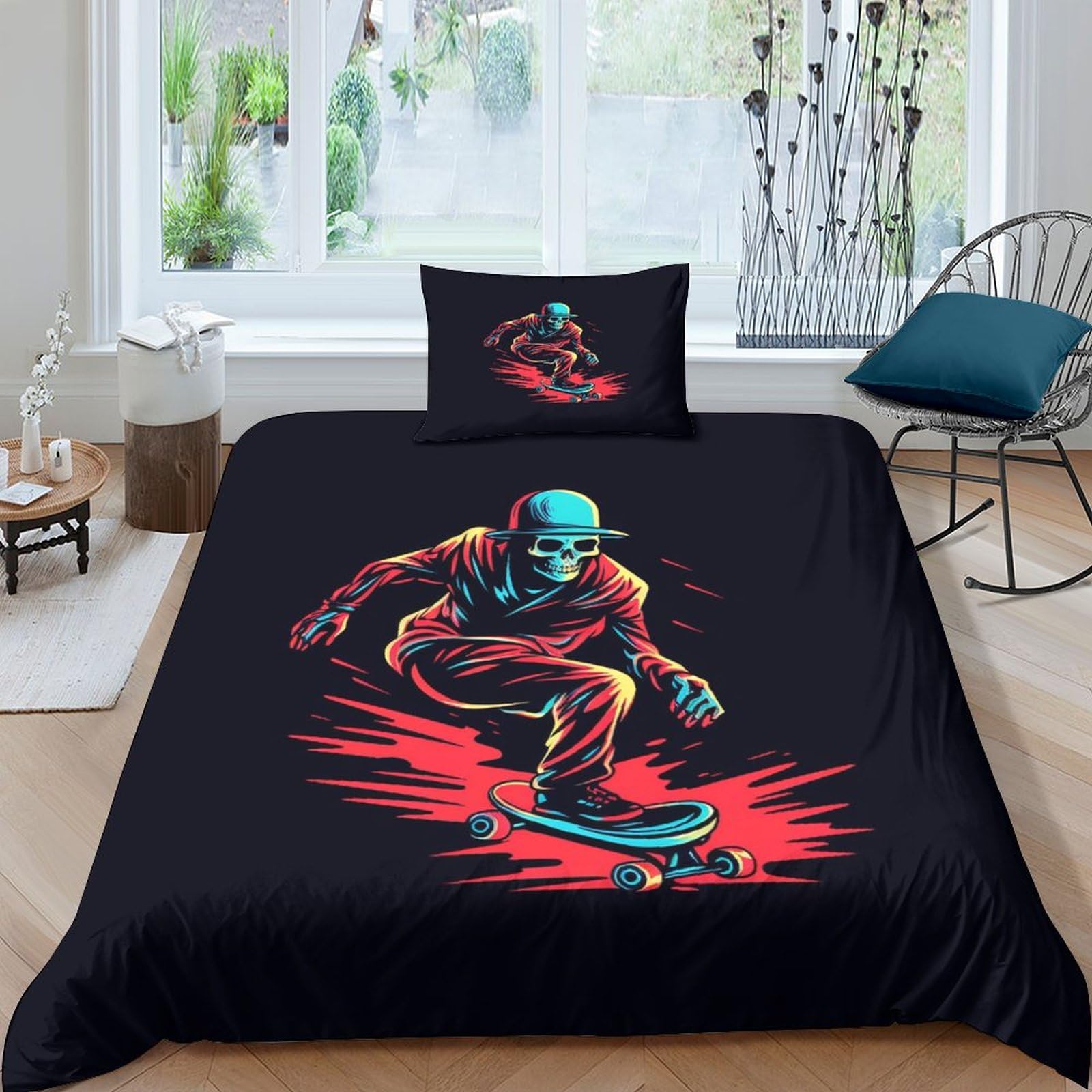 Housse de couette 135x200 anti-acarien avec fermeture éclair et motif tête de mort