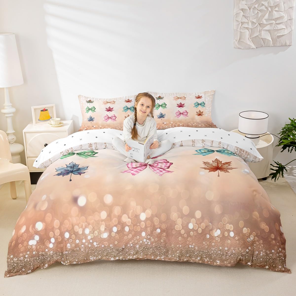 Homewish Jesienne żniwa król poszewka na kołdrę kolorowa kratka kokarda poszewka na kołdrę Święto Dziękczynienia liść klonu zestaw pościeli brokat kokarda zestaw pościeli