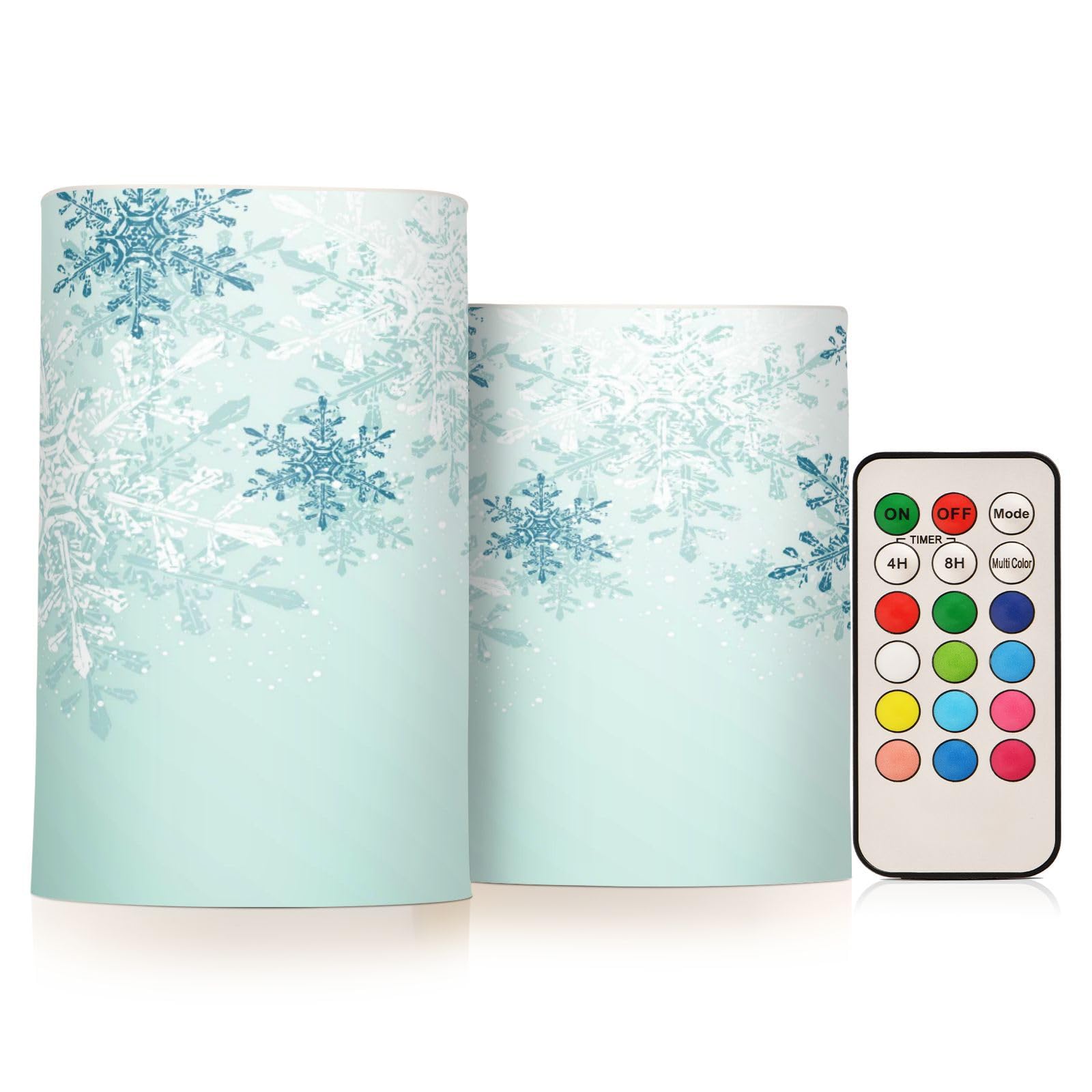 ALAZA Silver Winter Abstract Christmas Snowflakes Flickering Flameless Candles Battery Operated with Remote Timer,Tea Light Candles LED Pillar Votive Candles Set of 2 for Outdoor Indoor Decorations