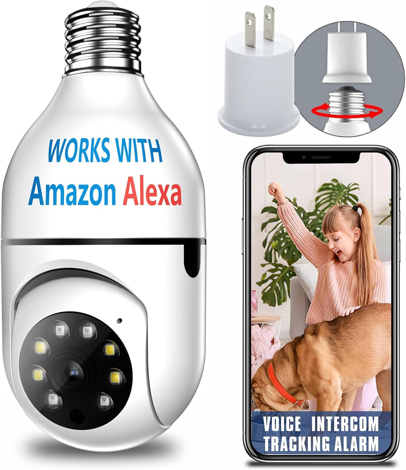 3MP Bulb Camera, 360°HD Light Bulb Security Camera Outdoor Indoor Full Color Day and Night,Two-Way Talk Audible Alarm, Lightbulb Support 2.4Ghz WiFi Motion Detection, Cloud Service Free Trial 1 Month