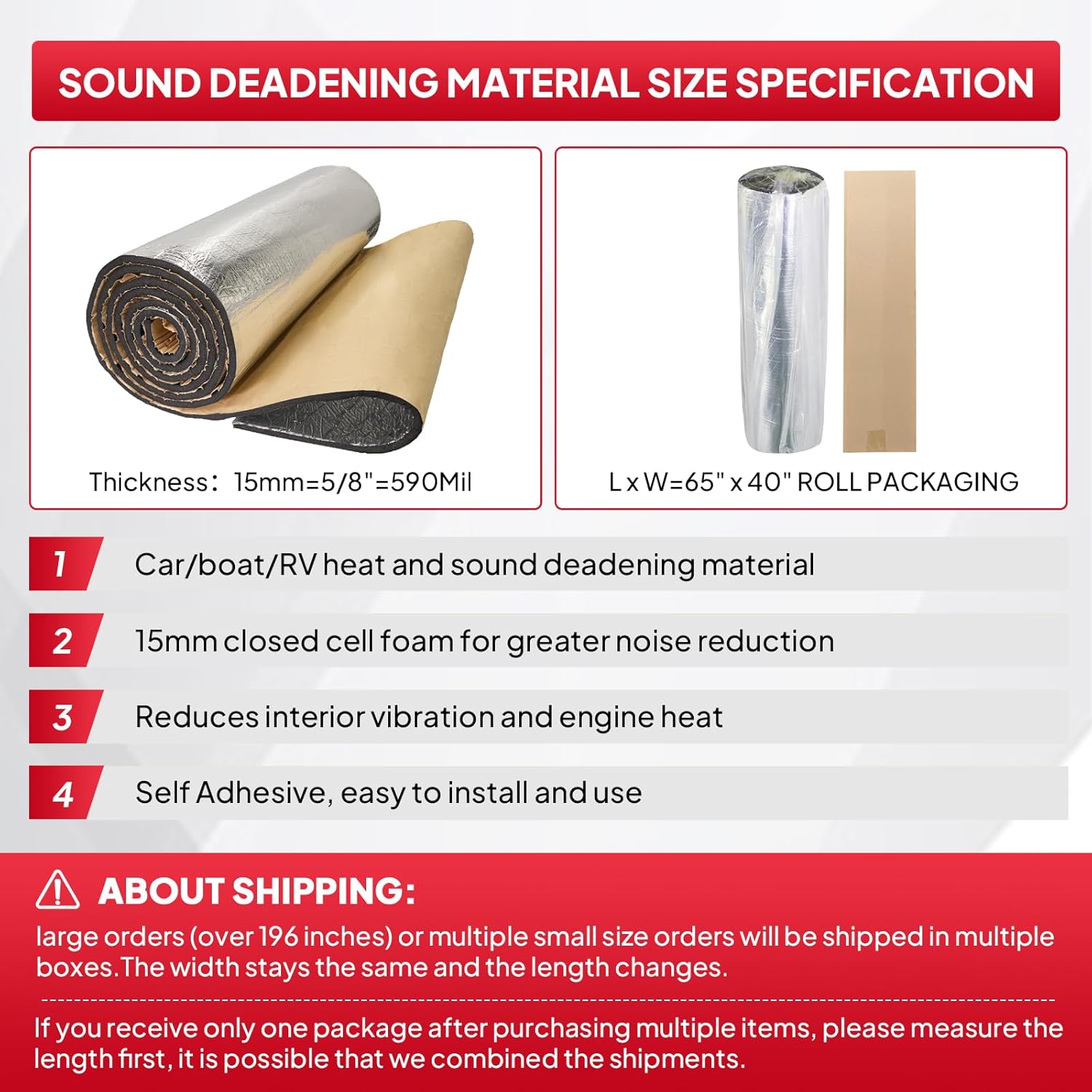 590 mil Auto Boat Sound Deadening with Adhesive 15 mm Closed Foam Reduce Noise &Vibration Car Heat Insulation Roll (65" Lx40 W)