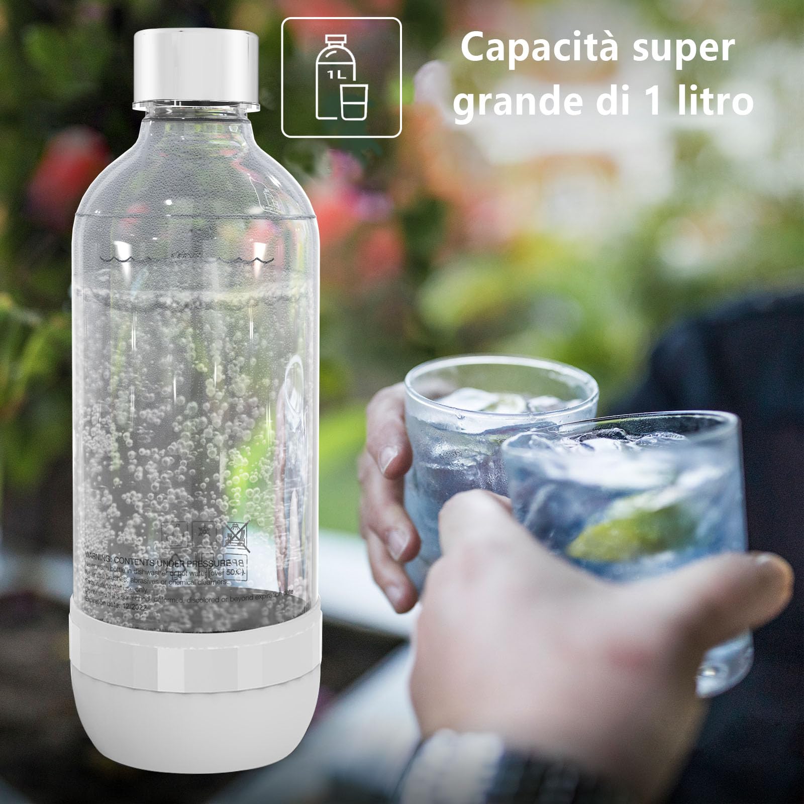 Bottiglia per soda, adatta per acqua gassata e acqua frizzante, senza BPA, riutilizzabile e riempita in plastica PET per uso alimentare (confezione da 2, 1 litro), Z-1B1L