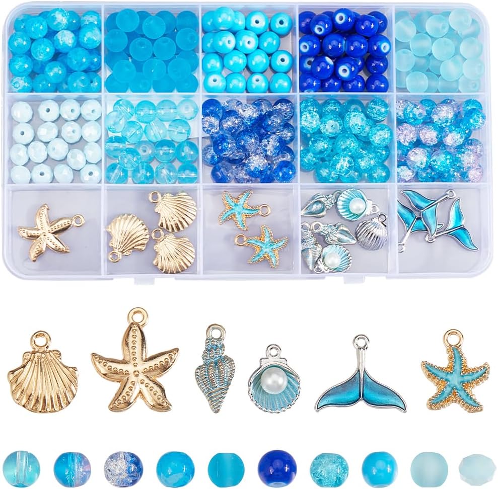 SUNNYCLUE 1 Box 274Pcs Glass Beads Kit Ocean Beads Hawaii Summer Sea Shell Starfish Fishtail Charms Round Spacer Loose Bead Blue Beads for Jewelry Making Kits Adult DIY Bracelets Necklace Supplies