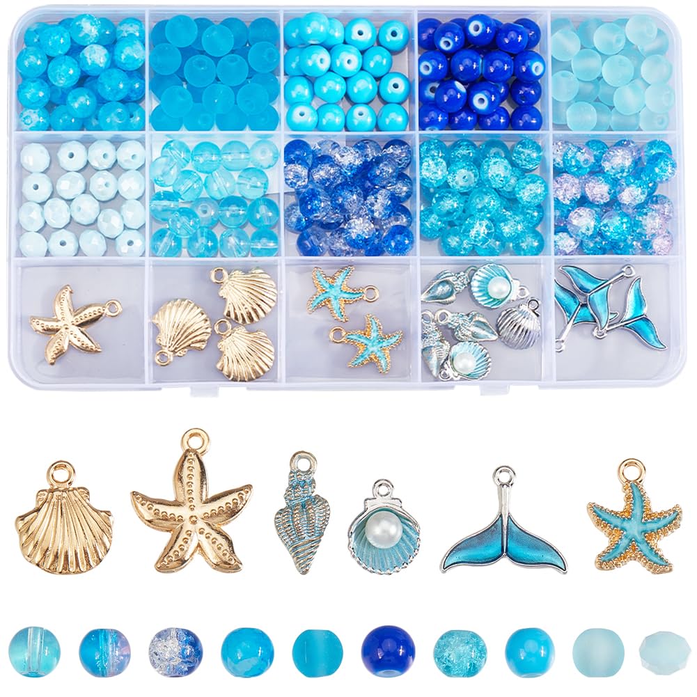 SUNNYCLUE 1 Box 274Pcs Glass Beads Kit Ocean Beads Hawaii Summer Sea Shell Starfish Fishtail Charms Round Spacer Loose Bead Blue Beads for Jewelry Making Kits Adult DIY Bracelets Necklace Supplies