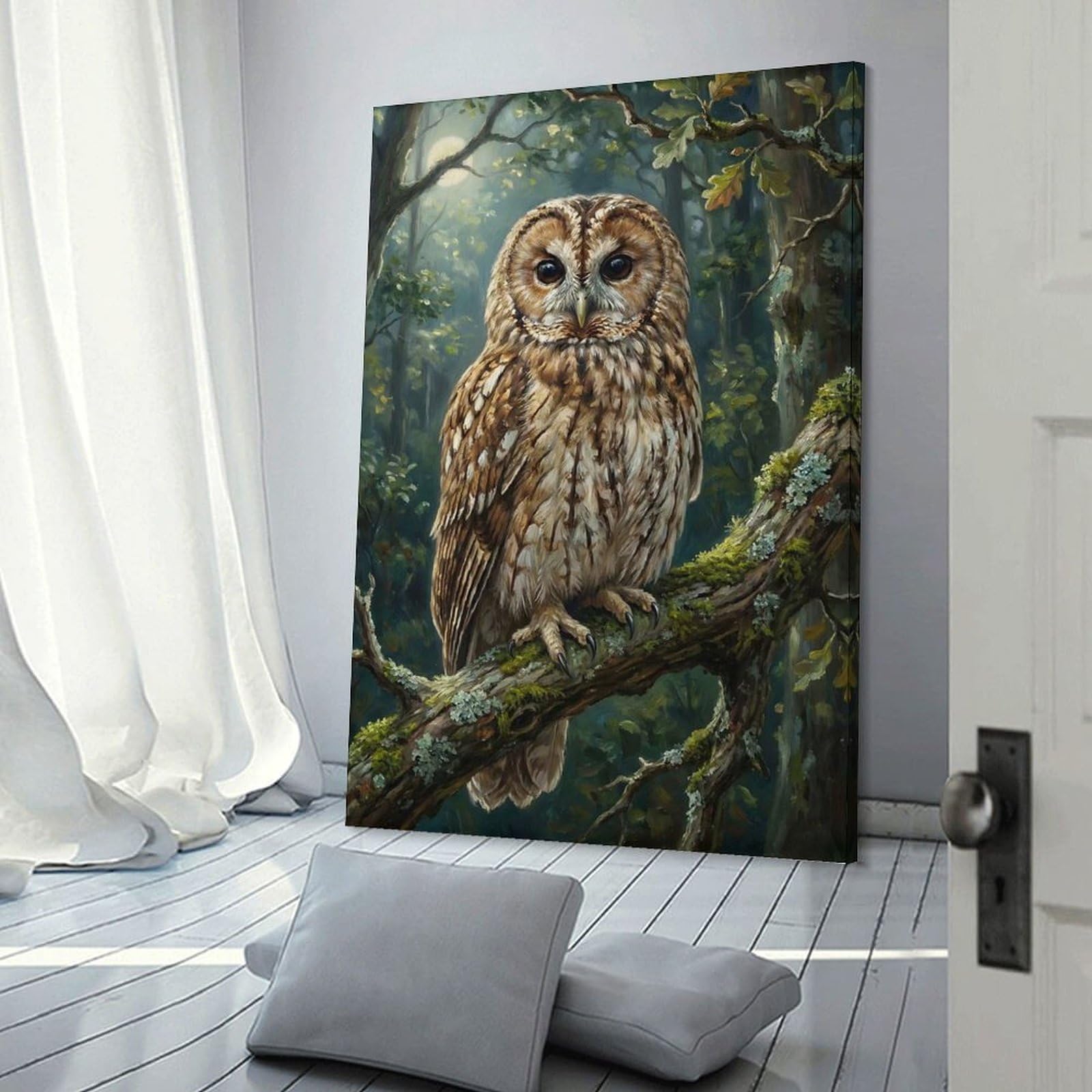 Junmoney Decorative Canvas Print Owl Perched on Branch in Forest, 08x12inch(20x30cm), for New Homes, Bedrooms Or Workspaces, Thoughtful Wall Decor for Art Lovers