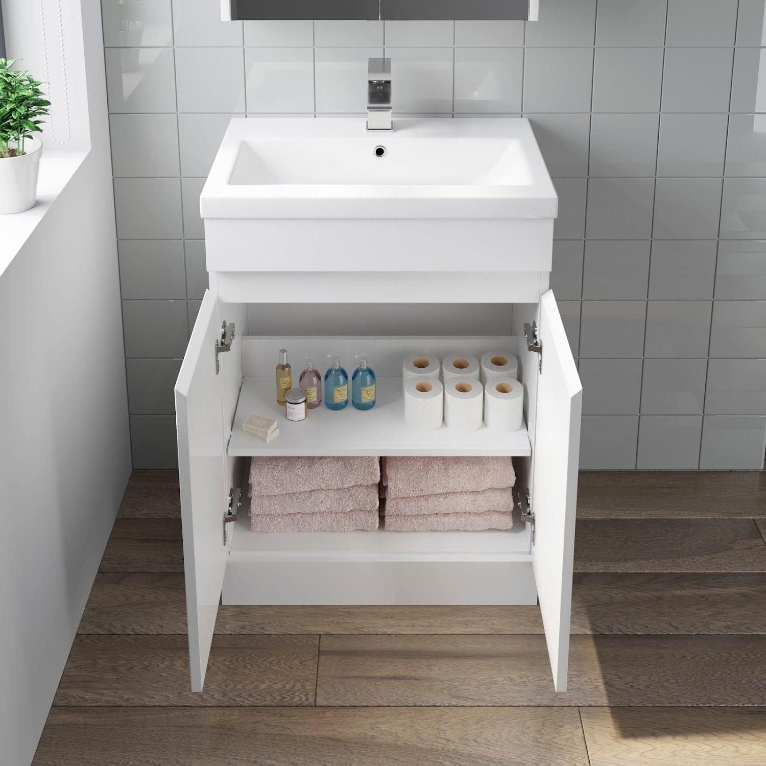 Artis® 600mm Bathroom Vanity Unit With Wash Basin Ceramic Sink, Single Tap Hole, 2 Double Door, Cloakroom Storage Furniture Under Basin Cabinet, Soft Close, Freestanding Cabinets, White Gloss