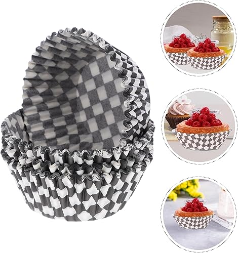 Miniatura 3 de ABOOFAN 100 forros para magdalenas, para hornear cupcakes, envoltorios de papel, forros para magdalenas, tablero de ajedrez blanco y negro para