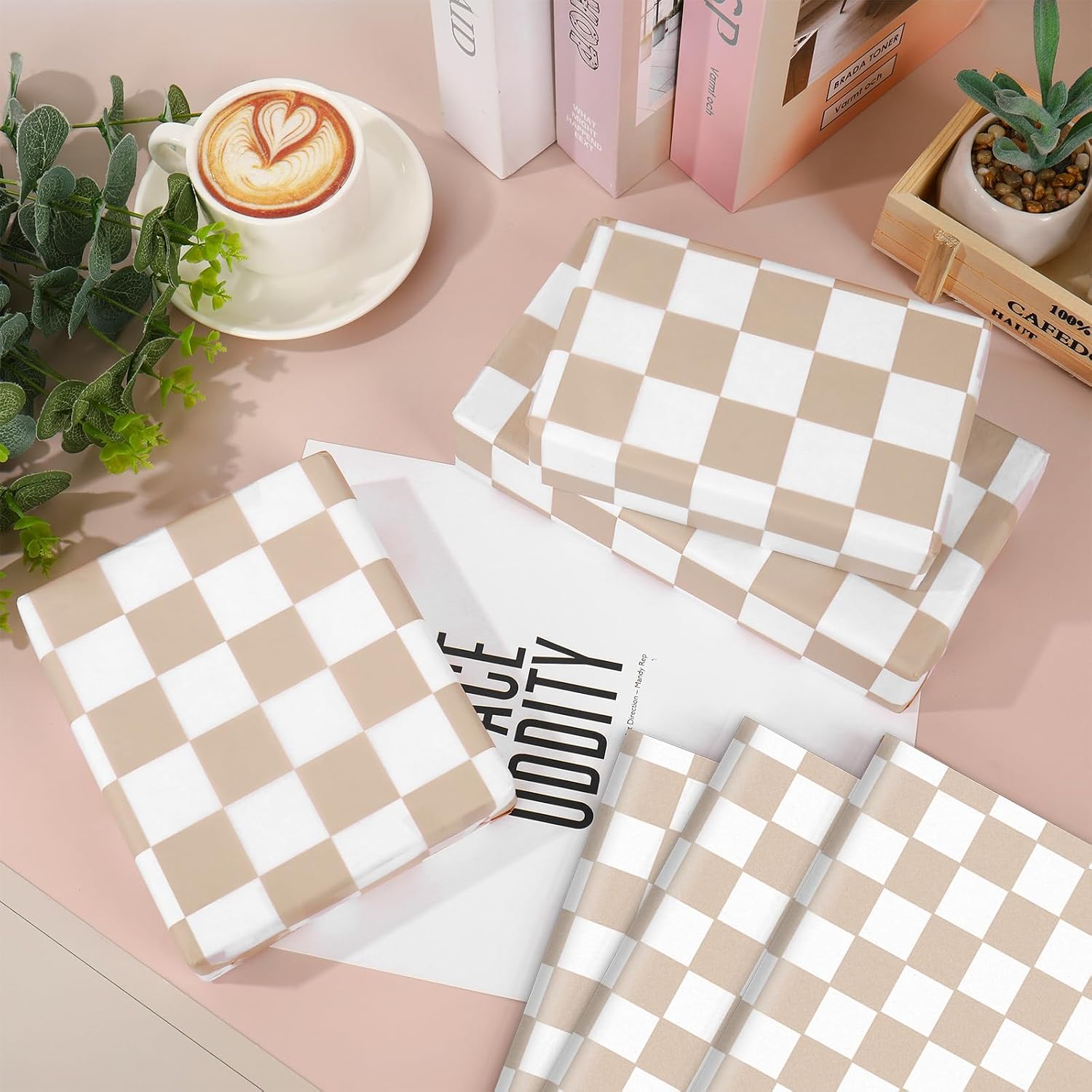 Whaline 100 Sheets Checker Tissue Paper Beige White Checkerboard Wrapping Paper Plaid Decorative Art Papers for Birthday Baby Shower Wedding Party DIY Crafts, 14 x 20 Inch