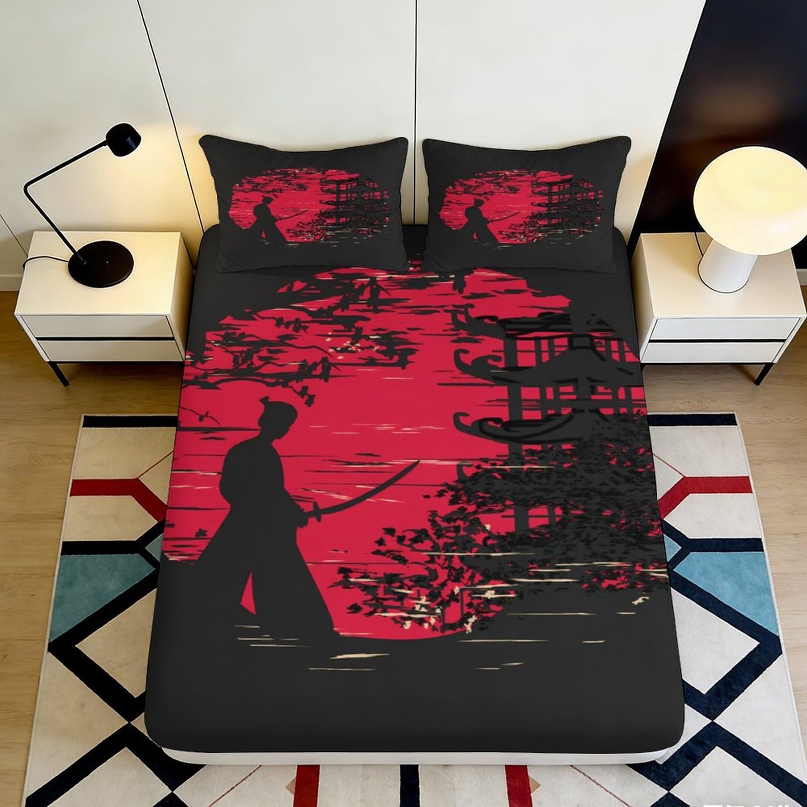 Pnayamiorkfel Style-8 3D Printed Samurai Sunset Fitted Sheet Microfiber Soft Red Black Pagoda Bed Cover For Bedroom Dorm Mattress Protection Decor 90X200x25cm