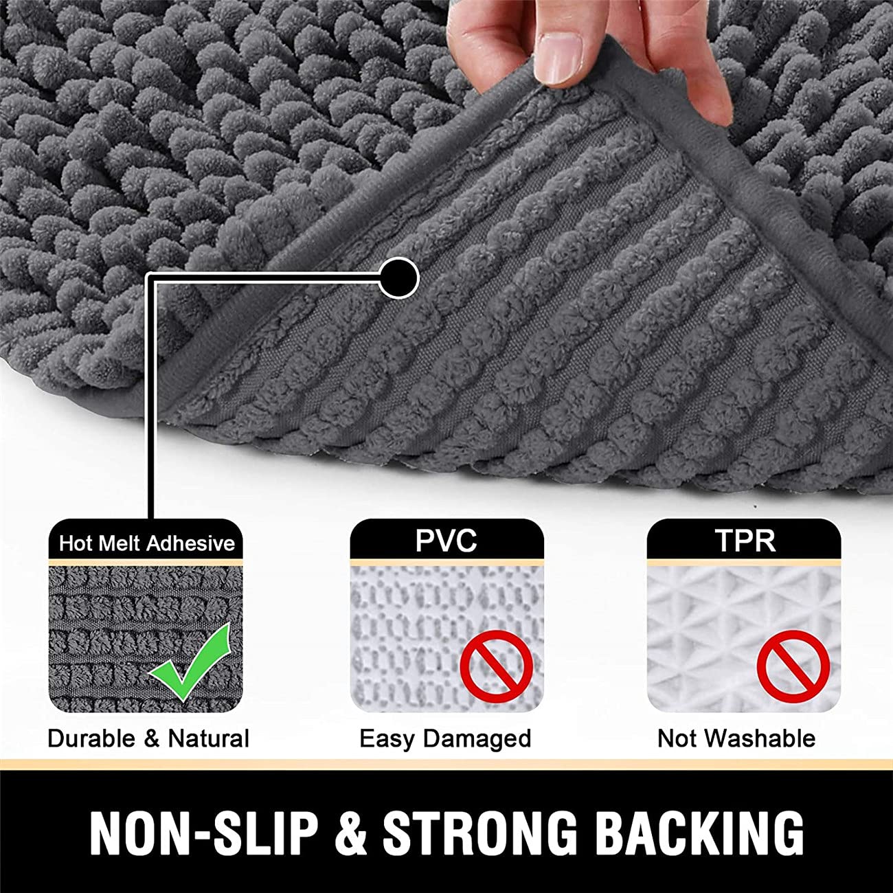Tapis de salle de bain antidérapant chenille doux et absent à poils longs lavable pour baignoire et douche, gris, 150 x 50,8 cm