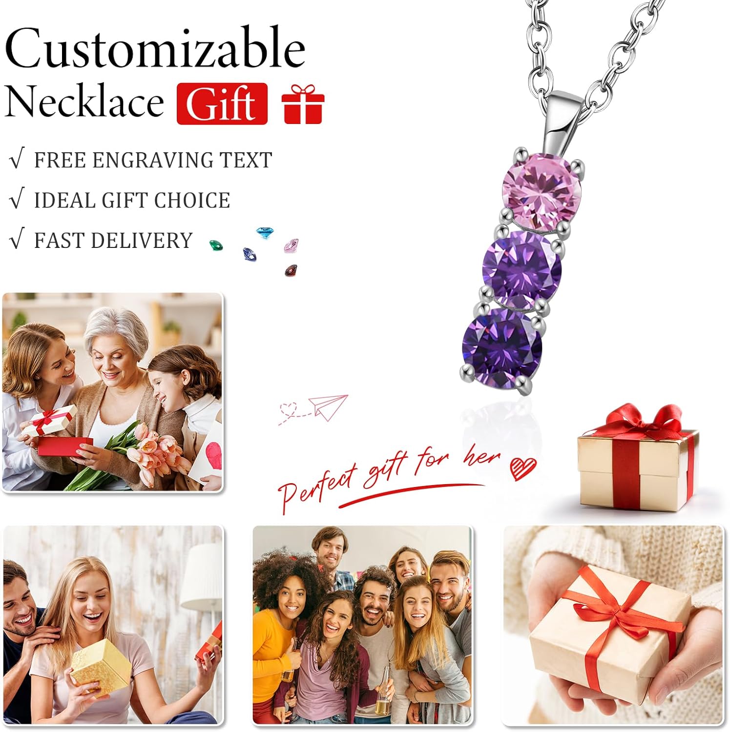 LucySky 925 Sterling Silver Birthstone Necklace Personalized 1-6 Mother Necklace for Anniversary Birthday Mother’s Day Christmas Valentine's Day