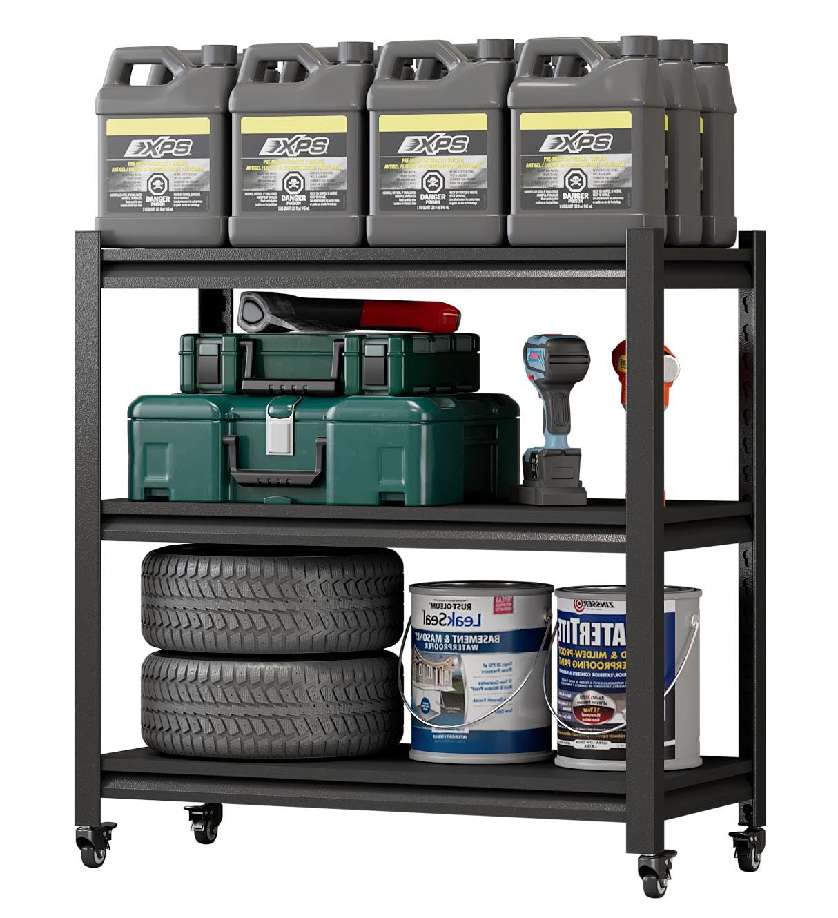 31.5" H Adjustable Workbench with Wheels,3-Tier Heavy Duty Work Table,Black Rolling Workshop Bench,Mobile Garage Workstation, Metal Tool Bench for