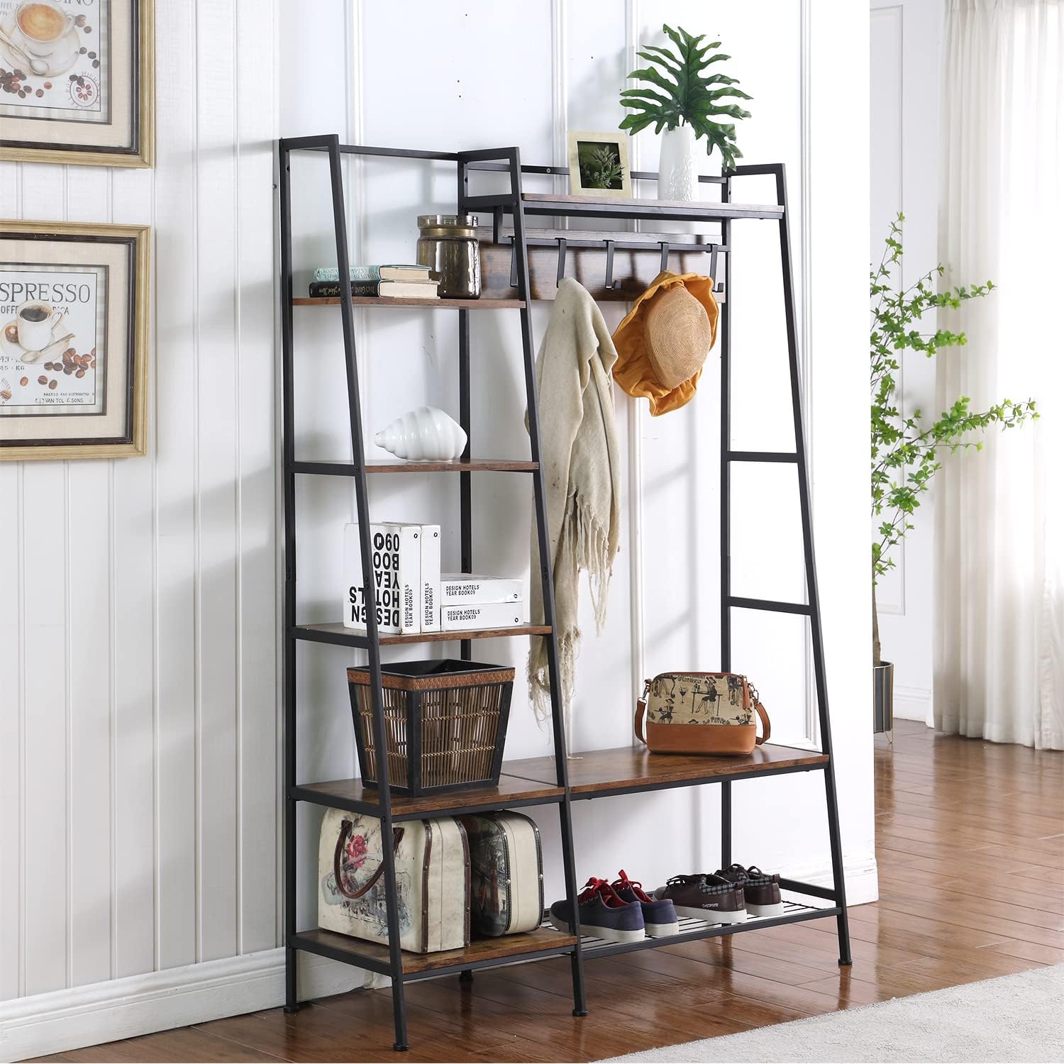 Ohuhu Coat Rack Hall Tree with Storage Bench, 5-IN-1 Entryway Bench with Shoes Organizer Shelf 5-Tier Display Shelves with 5 Coat Hooks for Garment Hats Keys Umbrella Hallway Living Room Bedroom