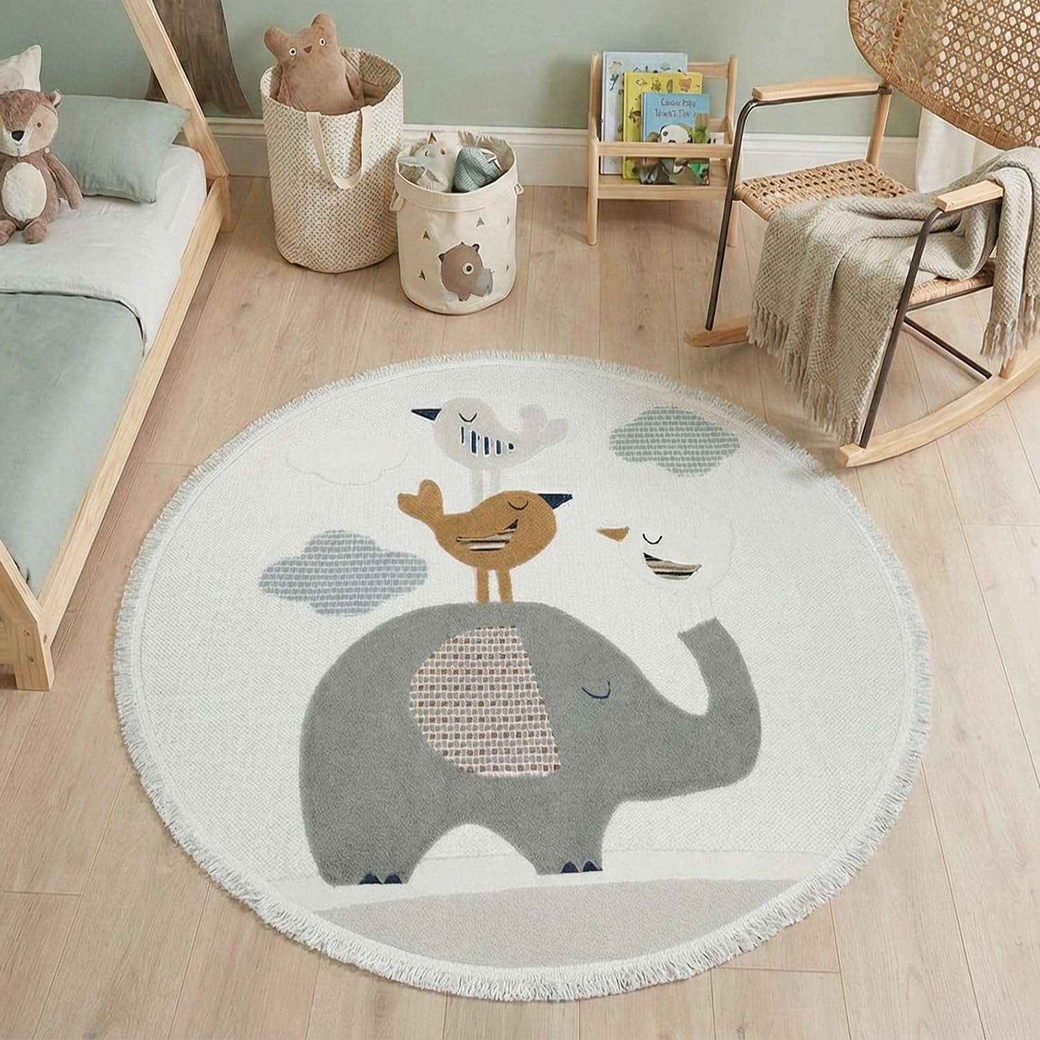 Alfombra Infantil Redonda Habitación Niña Niño Dormitorio Animales Elefante Nubes Estrellas Arcoiris 160cm Gris Marrón Ocre Azul
