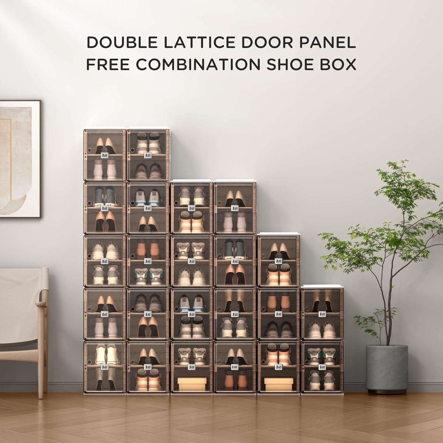 MAYIBOX Shoe Cabinet 2-20 Grid Stackable Transparent Folding Shoe Box Plastic Storage Box Storage 2-40 Pairs of Shoes (2 rows16 grids) : Home & Kitchen