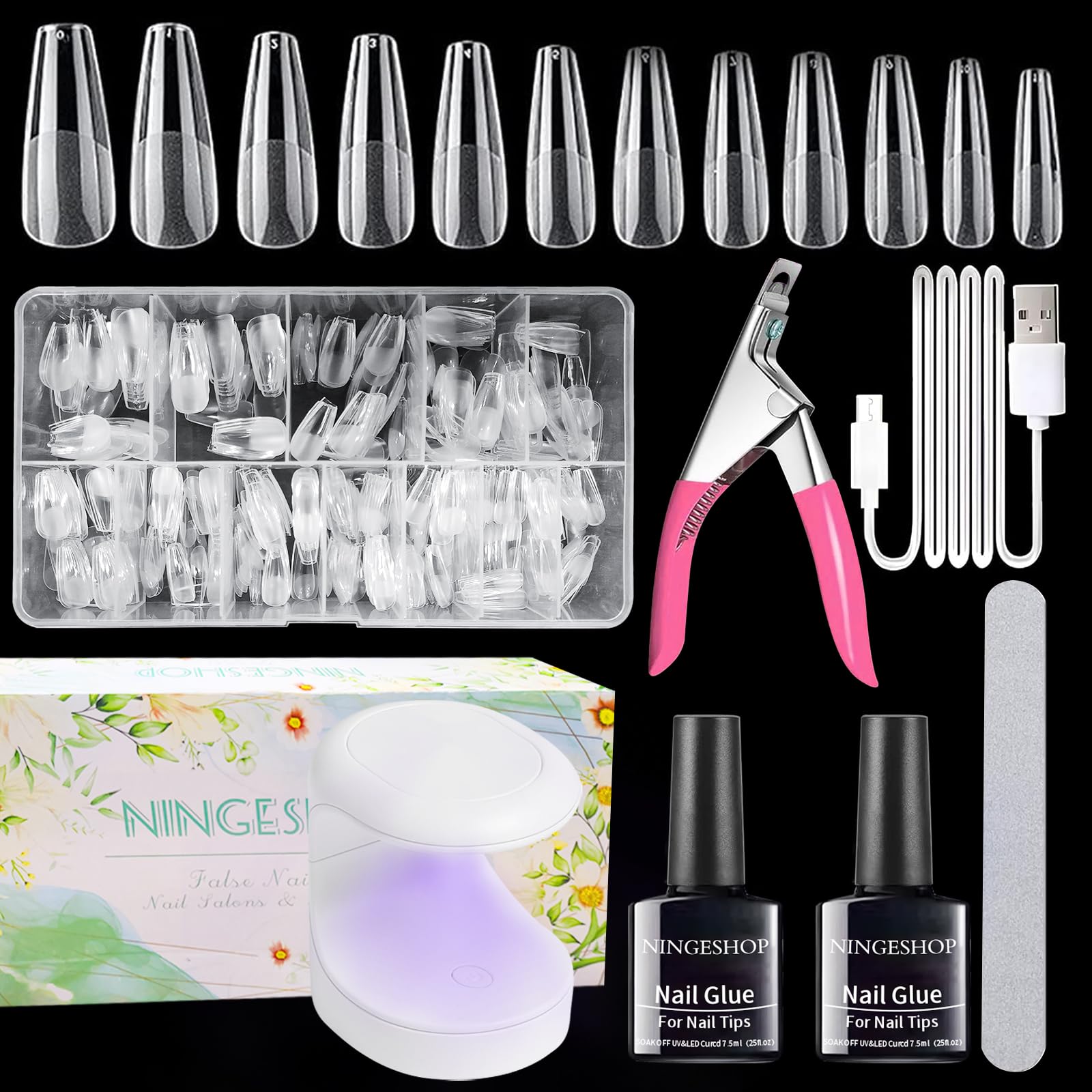 NINGESHOP Kit Uñas, Nail Kit de Tips Uñas Gel con Pegamento, 600 Piezas De Uñas Postizas Con Pegamento De Uñas 2 en 1 y Lámpara De Uñas Mini Lde Kit De Uñas De Acrílico Para Principiantes