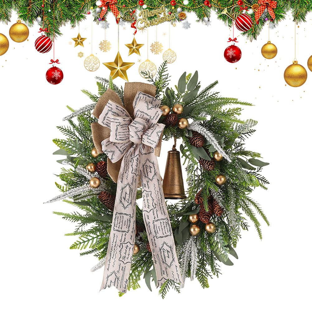 Starnearby Couronne de Noël Porte Artificielle avec Pommes de Pin et Poinsettia, Couronne de Noel Lumineuse LED, Guirlande de Noël, Couronne Noel Porte Lumineuse, Décoration de Noël (H-60 cm)