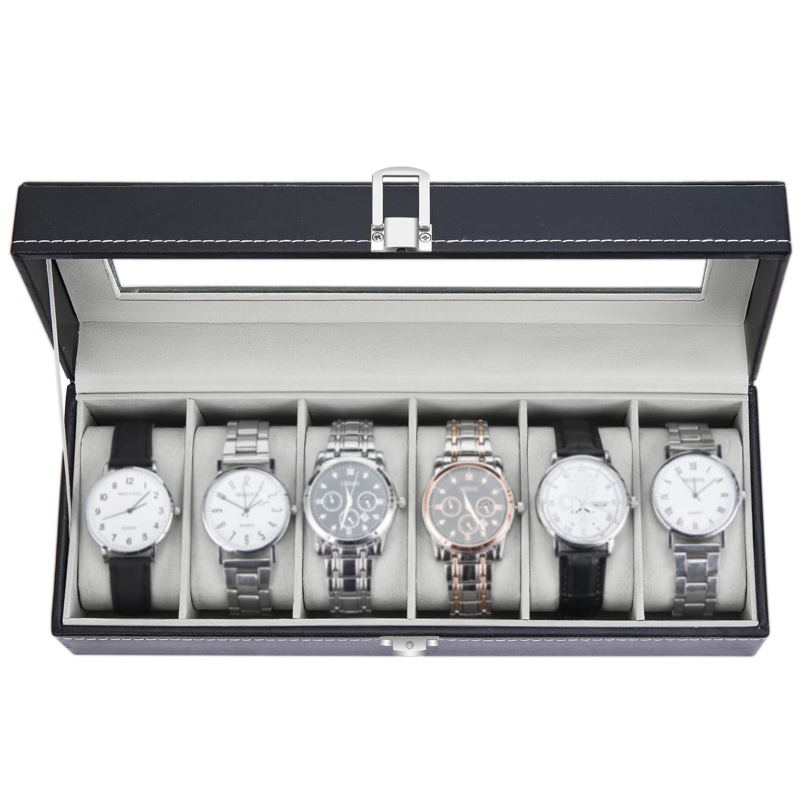 Ohuhu Watch Box with 6 Slots, Watch Case with Glass Lid, Watch Holder with Removable Velvet Pillows, PU Leather, Metal Clasp, Gift Idea for Birthday Christmas