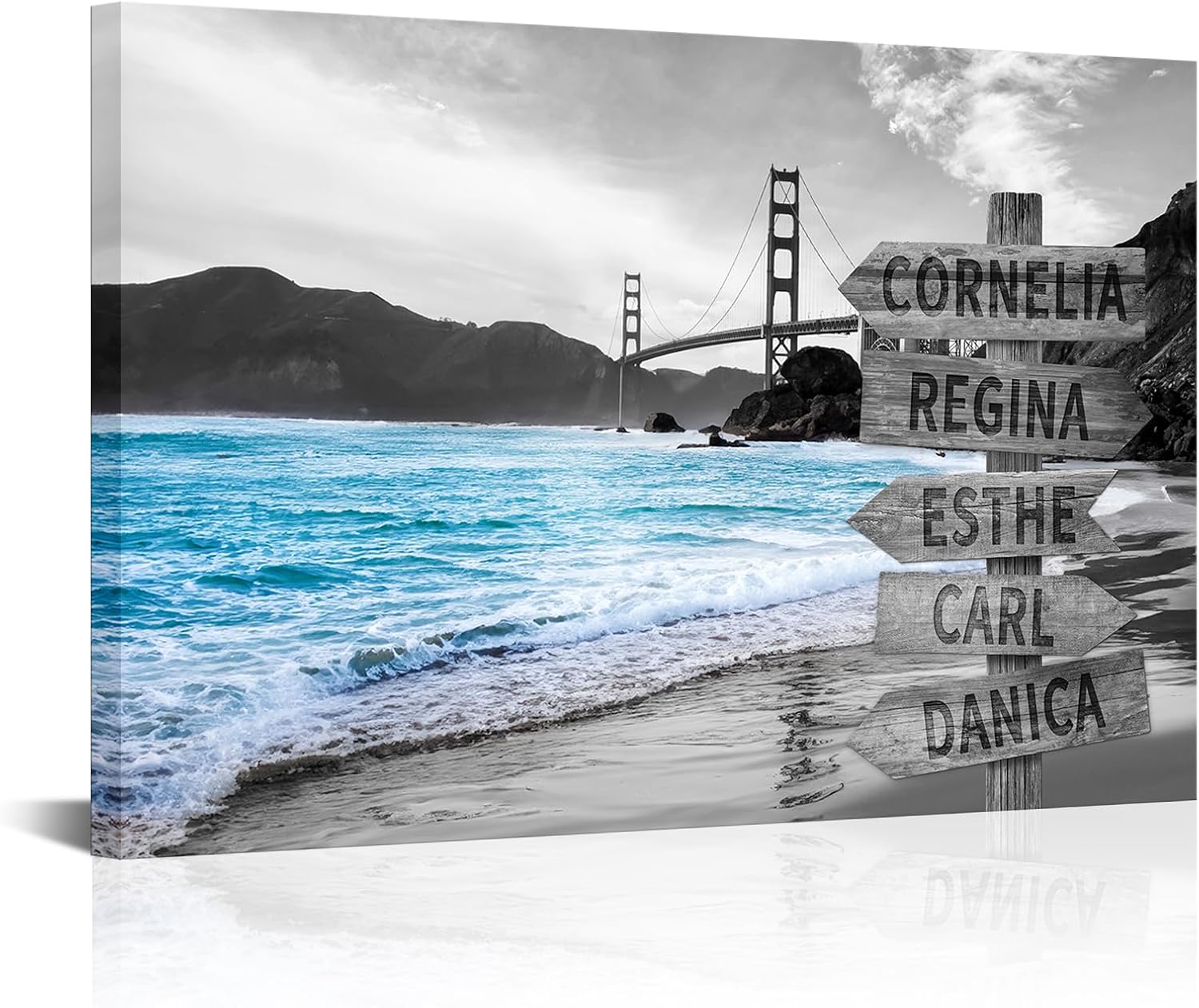 iLOOKLiKE Golden Gate Bridge Personalized Street Signs with Family Name Sign Wall Art Custom Multi Names Canvas Prints Black and White Blue Beach Wave Pictures Gifts for Home Decor Anniversary