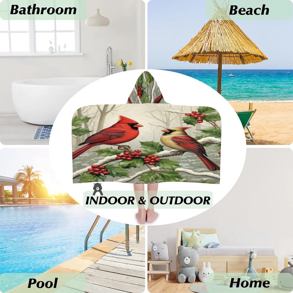 Kid Bath Towels Snow Cardinal Bird Kids Towel with Hood for Girls Boys Beach Towel Pool Cover Up Soft Absorbent Toddler Hooded Bath Towel for Shower, Beach, Pool
