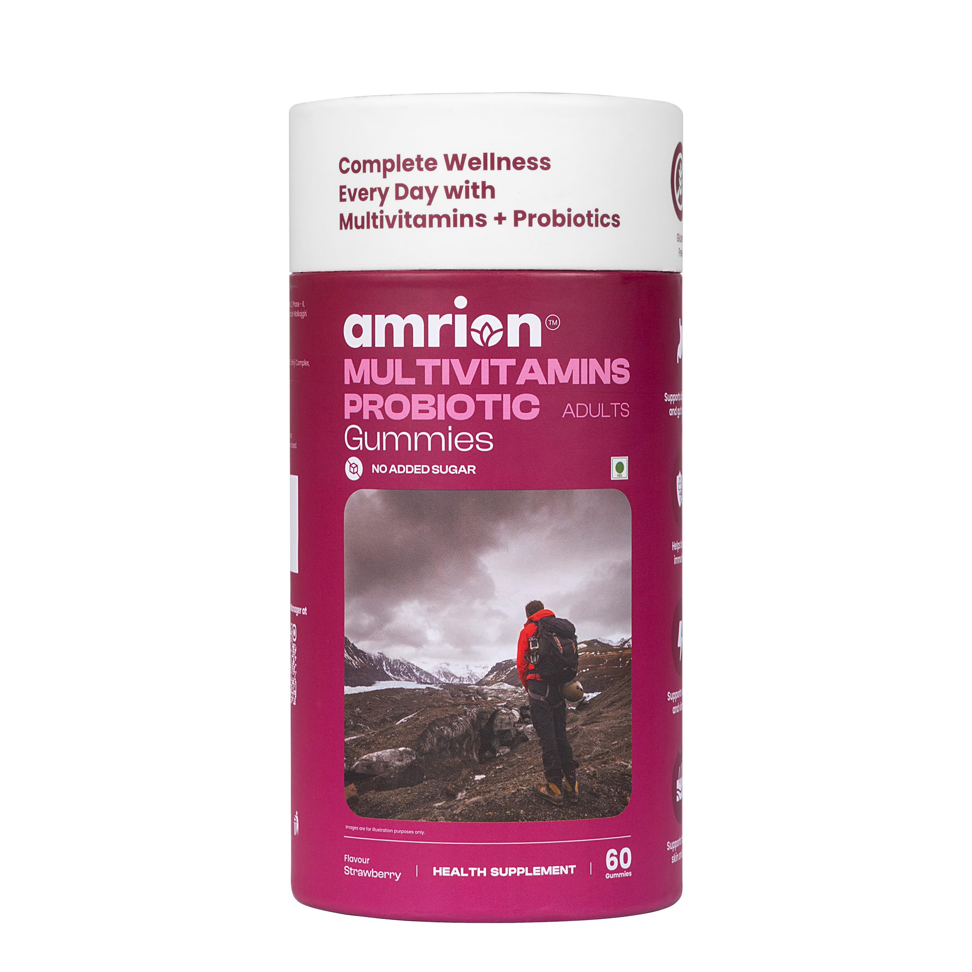 Multivitamins + Probiotic Gummies for Adults | Strawberry Flavour | No Added Sugar | With Vitamins A, B3, B6, B12, C, D2, E, Zinc, Biotin & Iodine | Bacillus clausii UBBC-07 | 60 Gummies | 180g
