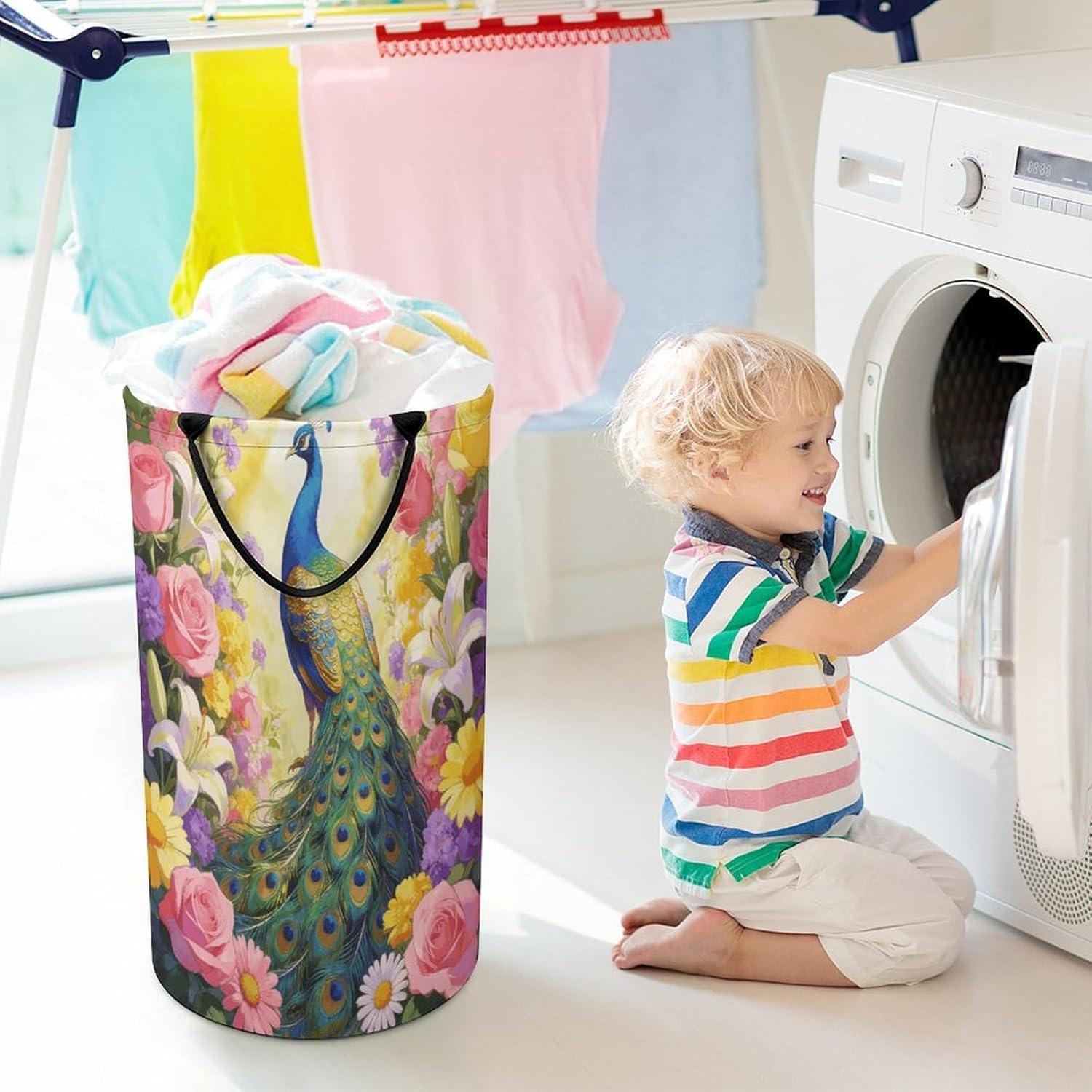 Colorful Peacock with Floral Background Laundry Hamper 86L Waterproof Collapsible Clothes Basket with Double Handles Freestanding Foldable Laundry Basket Large Clothes Hamper for Bathroom