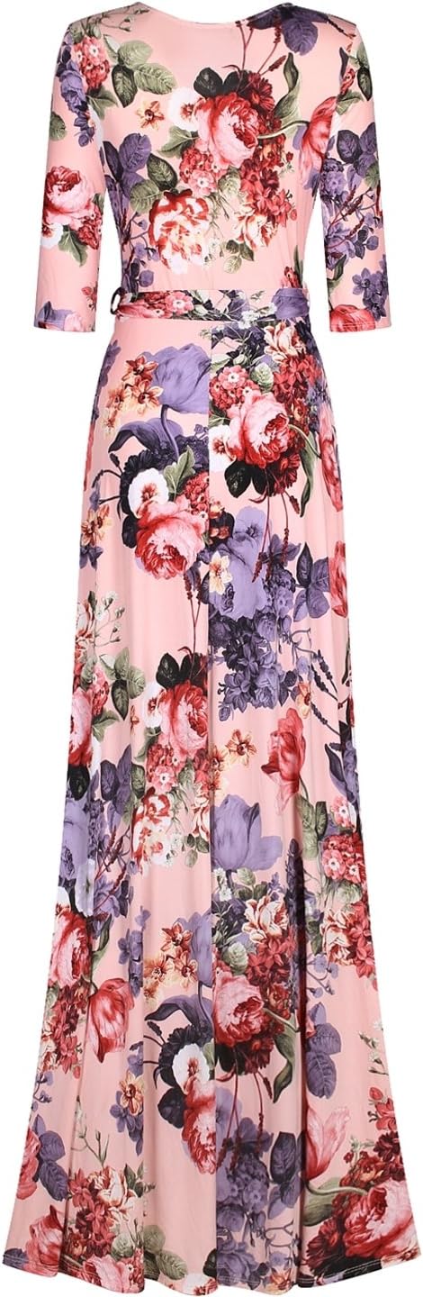 Women's 3/4 Sleeve V-Neck Floral Printed Maxi Wrap Dress Baby Pink XL - Image 2