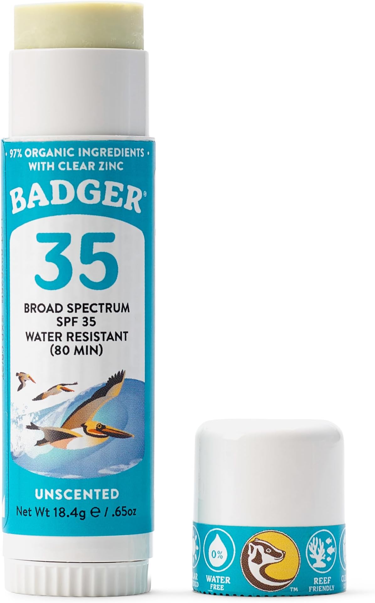 Badger Mineral Sunscreen Face Stick SPF 35, 97% Organic Unscented Zinc Oxide Travel Sunscreen, Coral Reef Safe Travel Size Stick, .65 oz