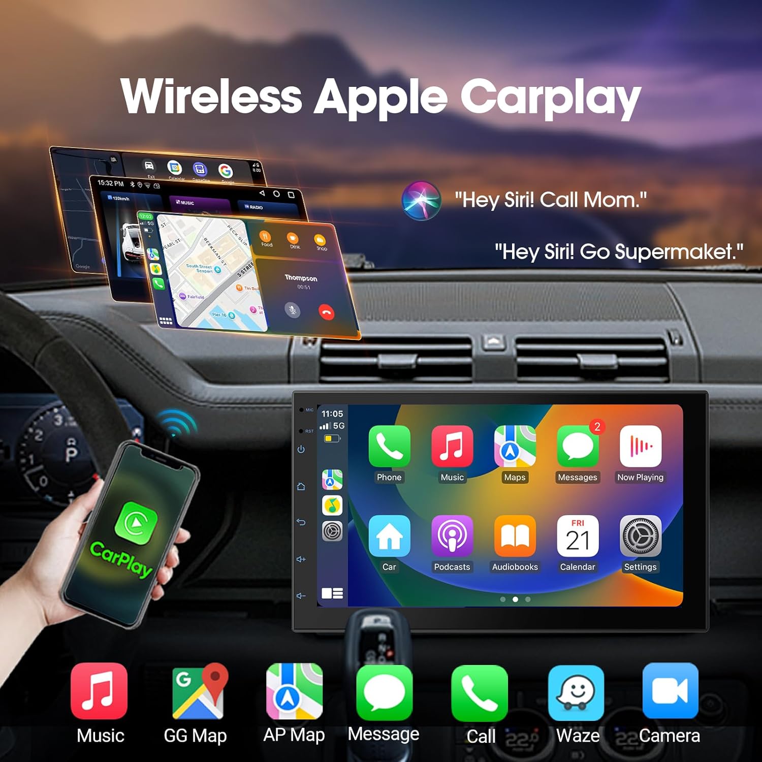 7" Double Din Car Stereo with Wireless Apple CarPlay & Android Auto, Touchscreen Car Radio with BT 4.1, Backup Camera, Mirror Link, GPS, WiFi, 2+64GB, FM/AM/RDS Radio