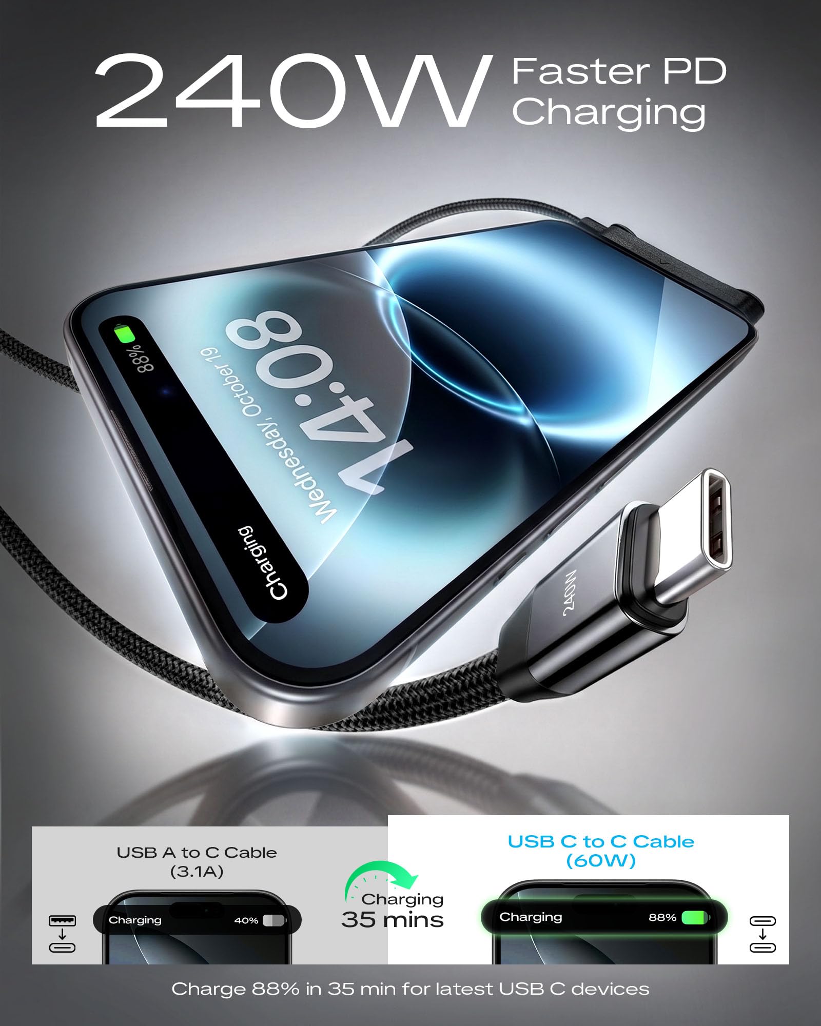 LOOHOI Kabel USB-C na USB-C 240 W z wbudowaną podstawką, kabel do szybkiego ładowania 90° do gier, przesyłania strumieniowego i oglądania bez użycia rąk, pleciony kabel do ładowania (10 m, 1 szt.)