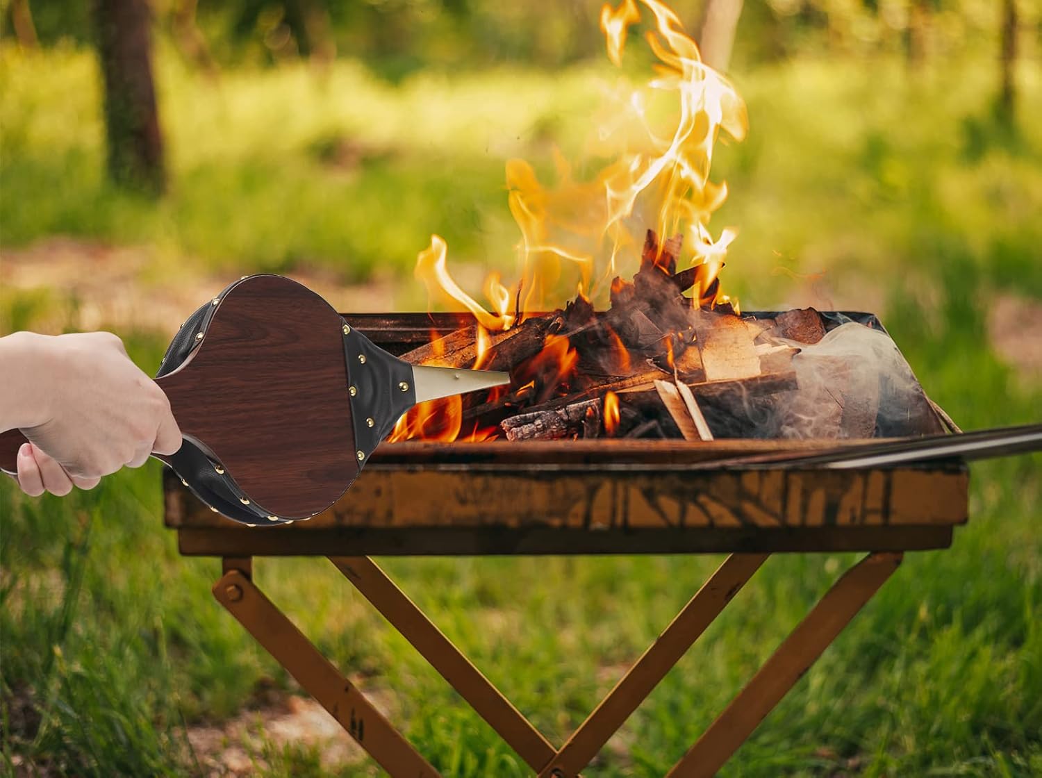 Wood Fireplace Bellows 17''x7.5'' with Hanging Leather Strap, Brown Air Bellower for Outdoor BBQ and Camping