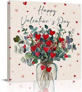 Canvas Wall Art Valentine Green Eucalyptus Leaves Oin Linen,Oil Painting Prints Artworks Picture Stretched and Framed,Red Love Heart Wall Decor for Living Room/Bedroom/Kitchen/Bathroom 16x16IN