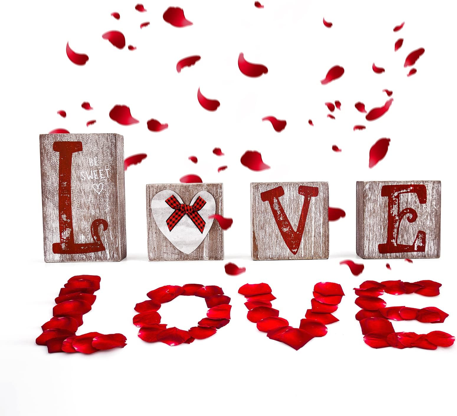 Vintage Wooden Love Blocks Sign Gift Romantic Anniversary Wood Block Sign Iron Wave Heart Design for Mantel Shelf Tabletop Centerpiece Monther Day Gift Valentine's Day Wedding Party Home Decor