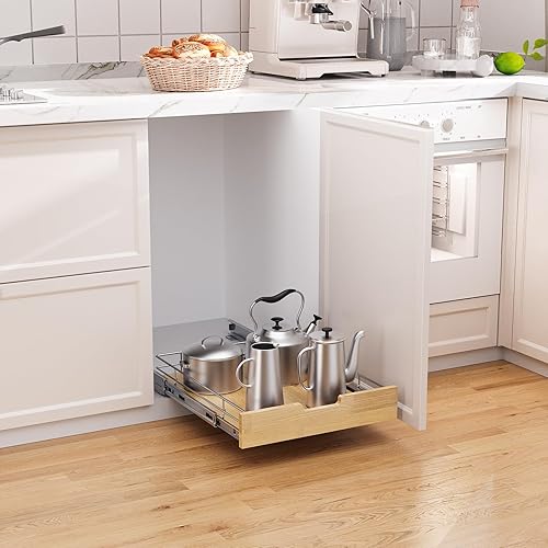 Vista 11 de Organizador de gabinete extraíble, estante deslizante resistente, cesta de madera y alambre, cajón extraíble para cocina debajo del fregadero