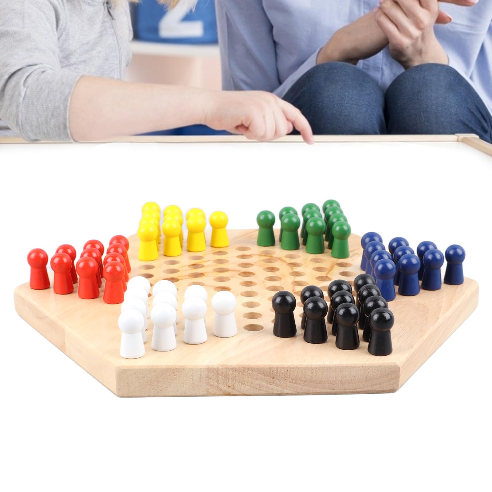 Checkers, Damespiel aus Massivholz mit Holzstiften, Chinesisches Checkers Hölzernes Buntes Brettspiel, Traditionelles sechseckiges chinesisches Familien-Damespielset aus Holz, Strategiespiel