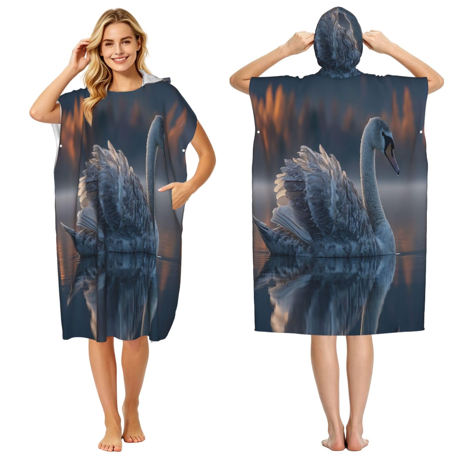 KLGRTJHK Swan On The Lake Adult Hooded Beach Poncho Towel 43"X35"