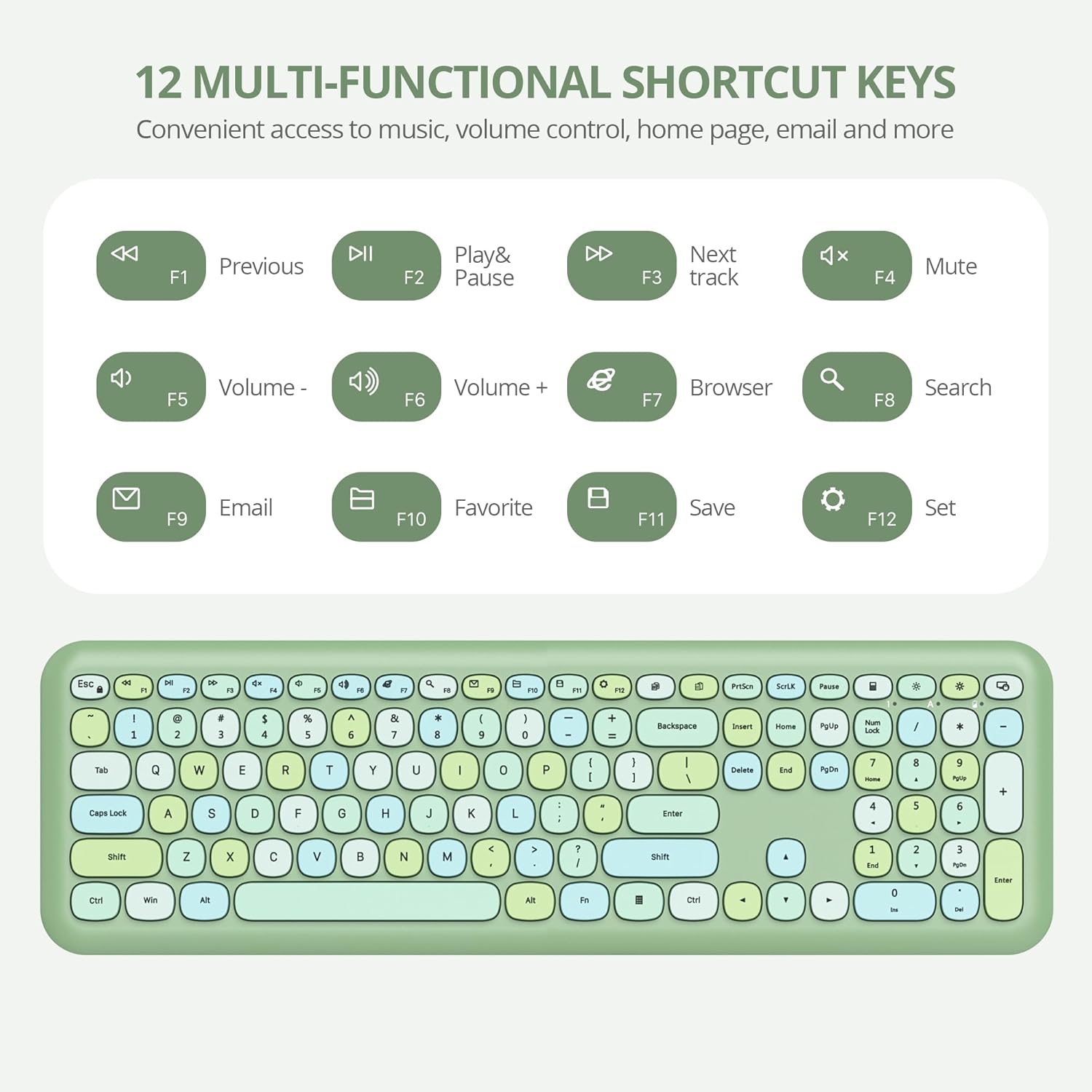 Wireless Typewriter Keyboard and Mouse Combo Retro 104 Key Full Size Office Set Green Keyboard with Silent Round Keycaps, Ideal for Laptop and Desktop PCs, Cute Design Keyboard (Green)