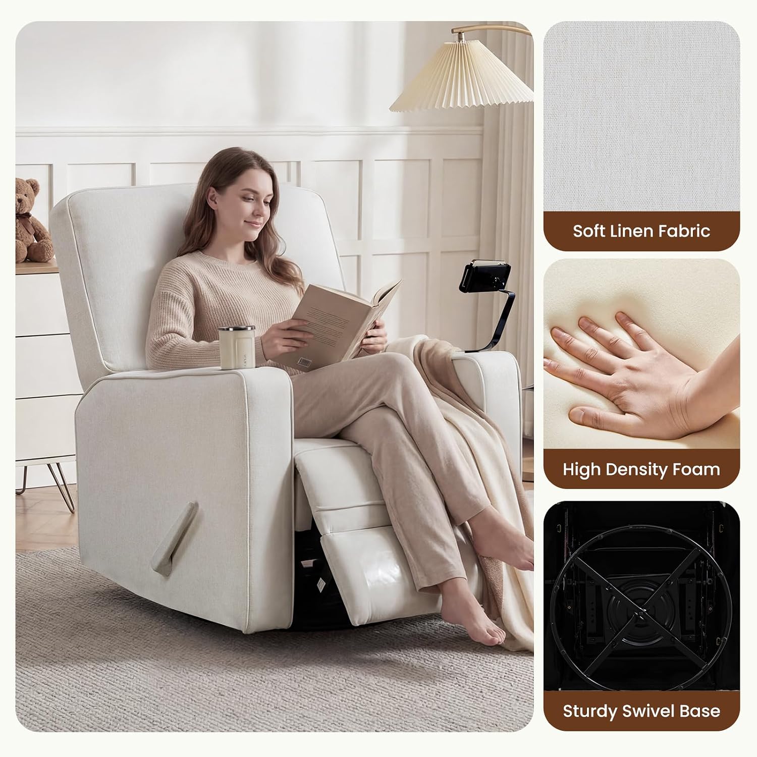 360° Swivel Rocker Recliner Chair with Adjustable Footrest, Rocking Chair Nursery with Phone Stand & Cup Holder,Manual Nursing Chair Glider Recliner Armchair for Adults, Living Room (Beige)