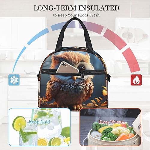 Miniatura 4 de Lonchera con estampado de búho lindo para mujeres y hombres, aislada, impermeable, a prueba de fugas, bolsa de almuerzo con correa ajustable para el