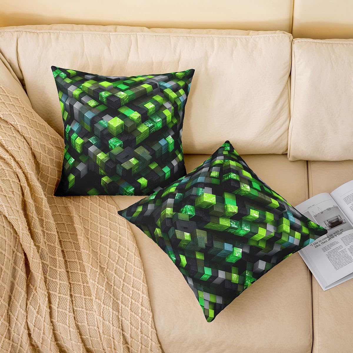 Manfei Pixel Grid Miners Kids Throw Pillow Cover,Cubic Plaid Geometric Blocks Double Sides Pillow Case,Modern Lattice Geometric Home Decor,Gray Green Bed Couch Sofa Cushion Cover,2 Pack 18"x18" image 2