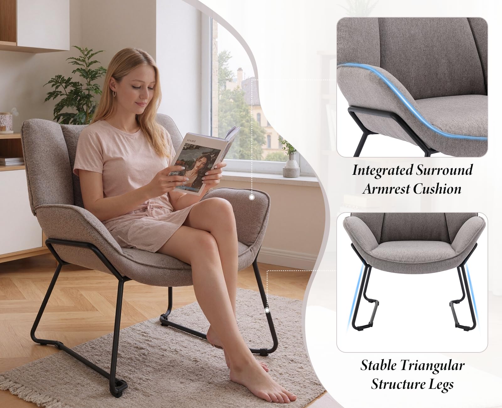 chairus Sillón de Salón Moderno de Lino Butaca Ocio de Dormitorio con Reposabrazos, Sillón Tapizado Lectura con Patas Negras para Hogar/Sala de Estar, Gris