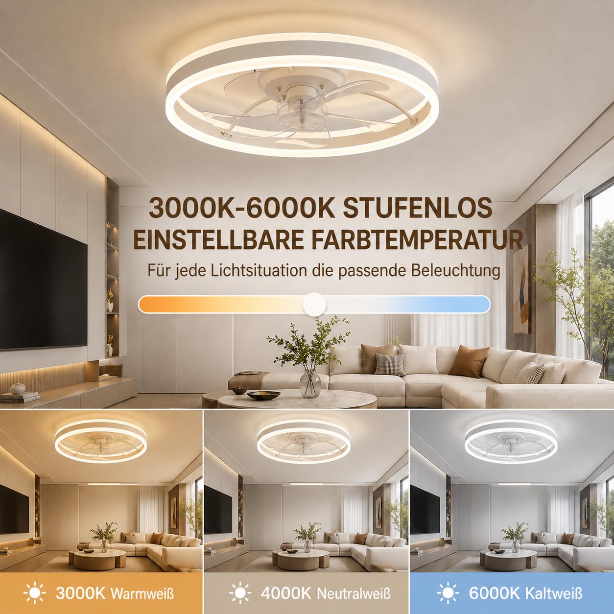 Deckenventilator mit Beleuchtung IEGLED, Fernbedienung und APP Steuerbar, 3000K-6000K, DC-Motor, 6-Stufige Geschwindigkeitsregelung