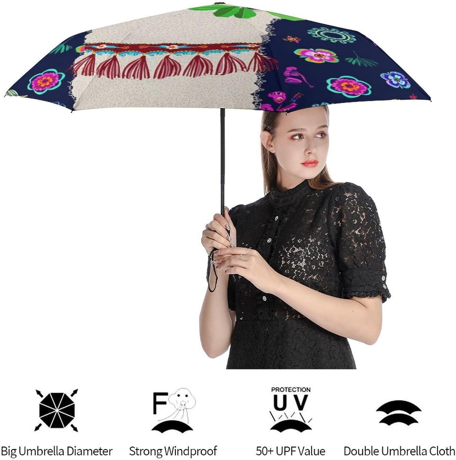 Llama Alpaca Flower Leaves Art Travel Sun & Rain Windproof Umbrella, Lightweight Portable Compact Travel Auto Folding Umbrella Golf Umbrellas for Women Men