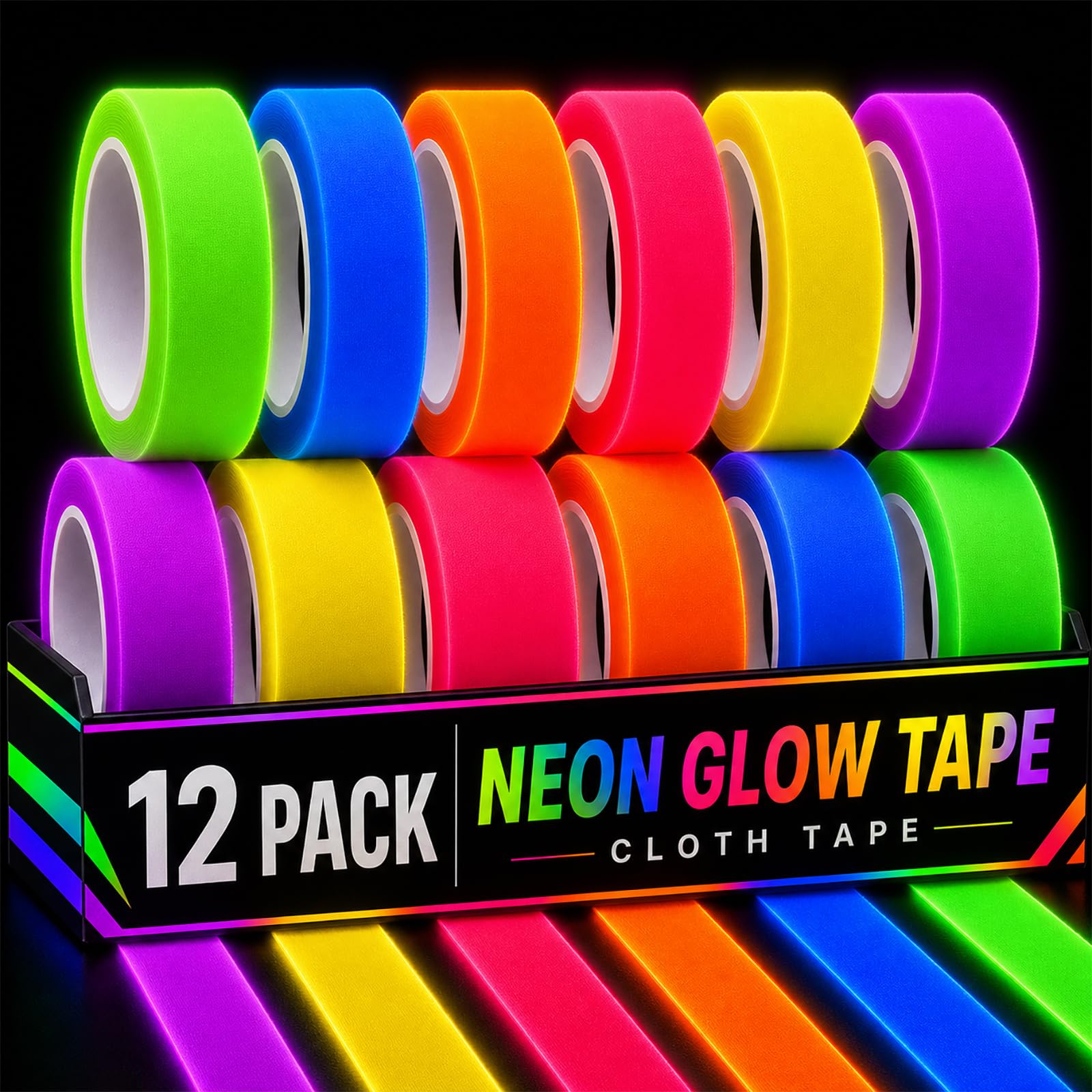 Photo 1 of 12 Pack Neon Gaffer Cloth Tape, UV Blacklight Fluorescent Reactive Tape