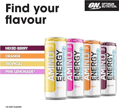 Optimum Nutrition Essential Amino Energy + Electrolytes, Ready to Drink Sugar Free EAA Energy Drink with Electrolytes and Caffeine, Workout Supplement for Men and Women, Orange, 24x250 ml