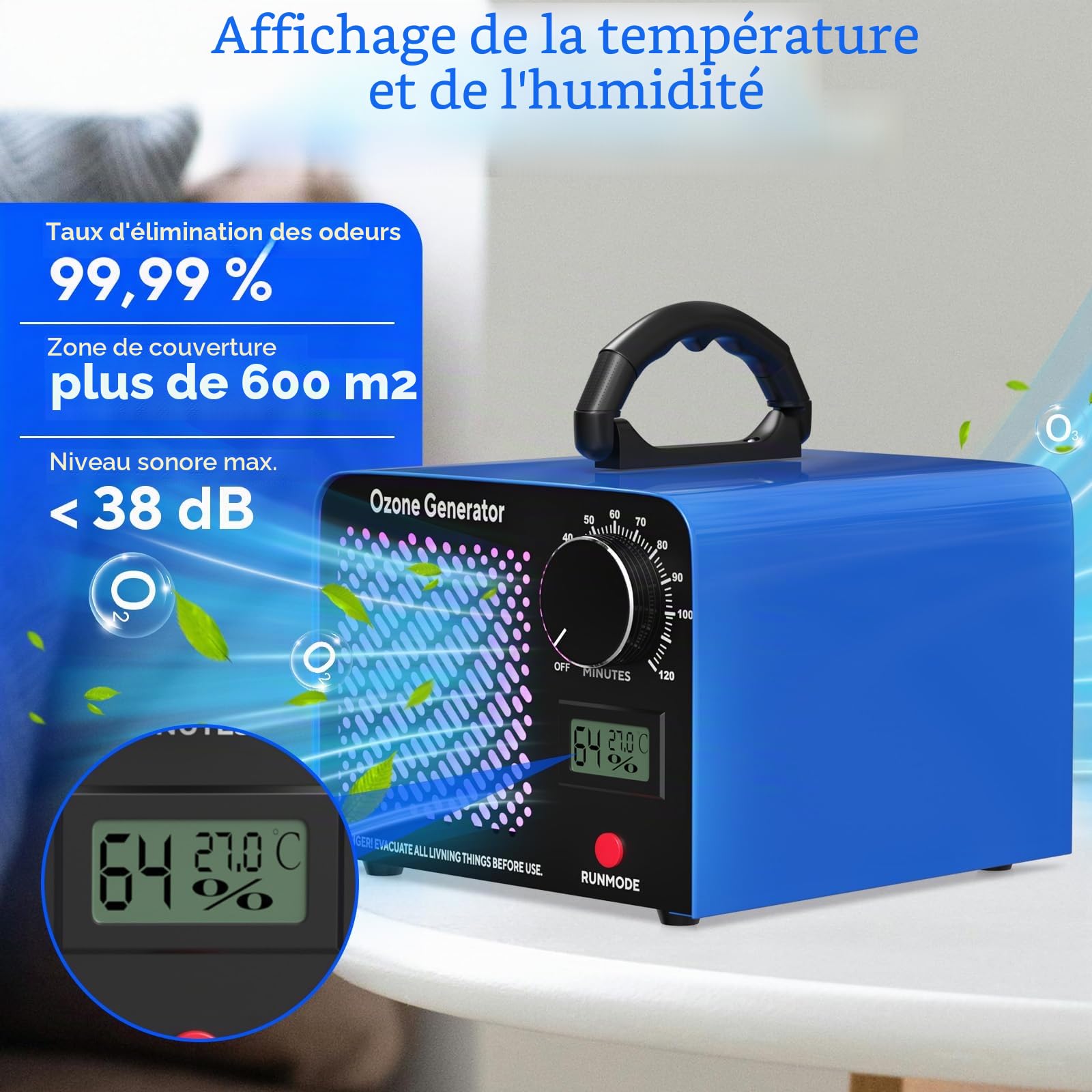 Générateur d'Ozone 65 000 mg/h, Appareil Ozonisateur Industriel O3 avec Minuterie de 120min, Température, Humidité, Appareil à Ozone Jusqu'à 300 ㎡, Ozoniseur O3 pour Garage, Appartement, Hôtel