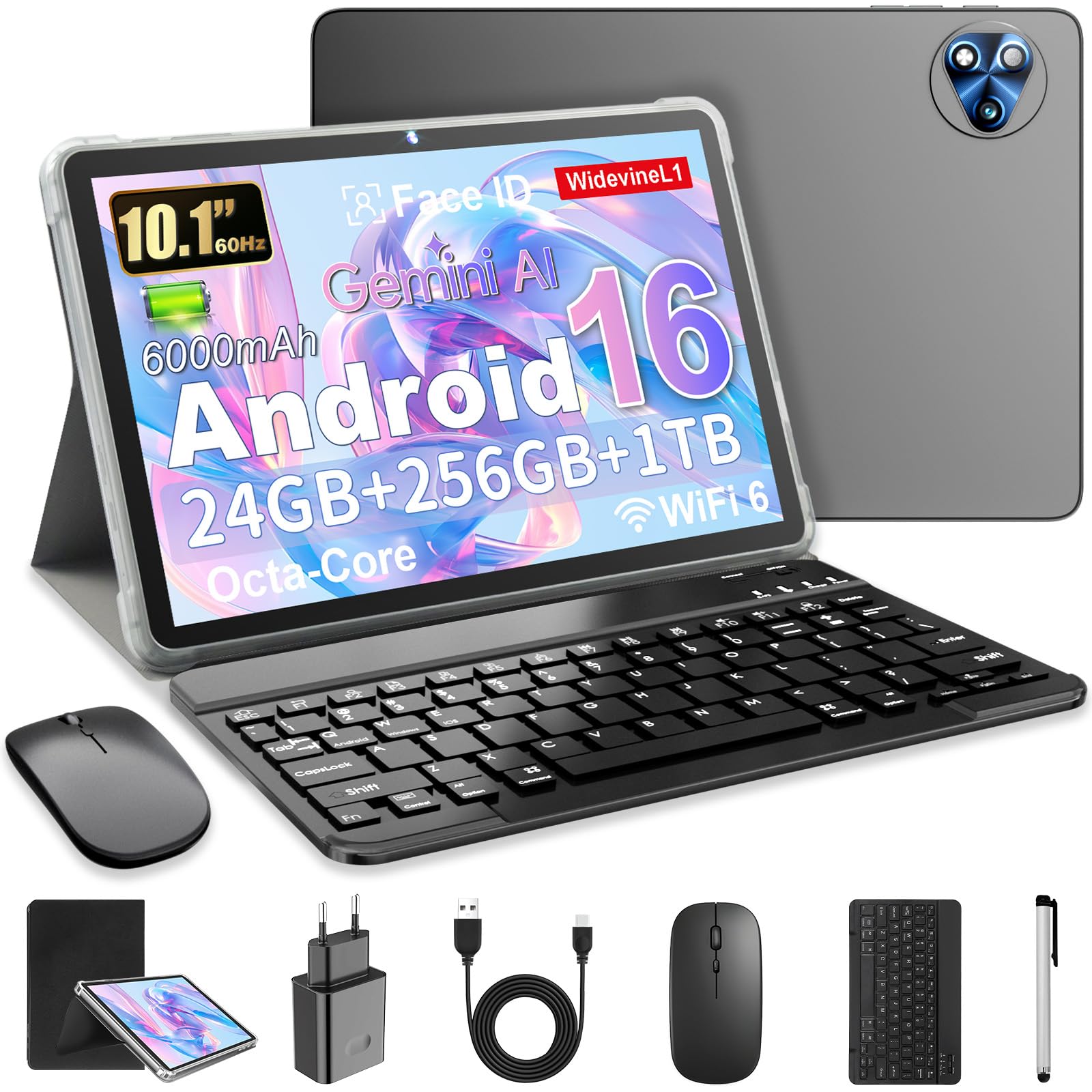 Android 16 Tablet 10 Pollici con Gemini AI, Tablet con Tastiera, Mouse & Stilo, Octa-Core, 24 GB RAM + 256 GB ROM + 1 TB TF, 1920x1200 Display HD, Fotocamera Doppia 8MP + 13MP, 6000 mAh (Cover Nero)