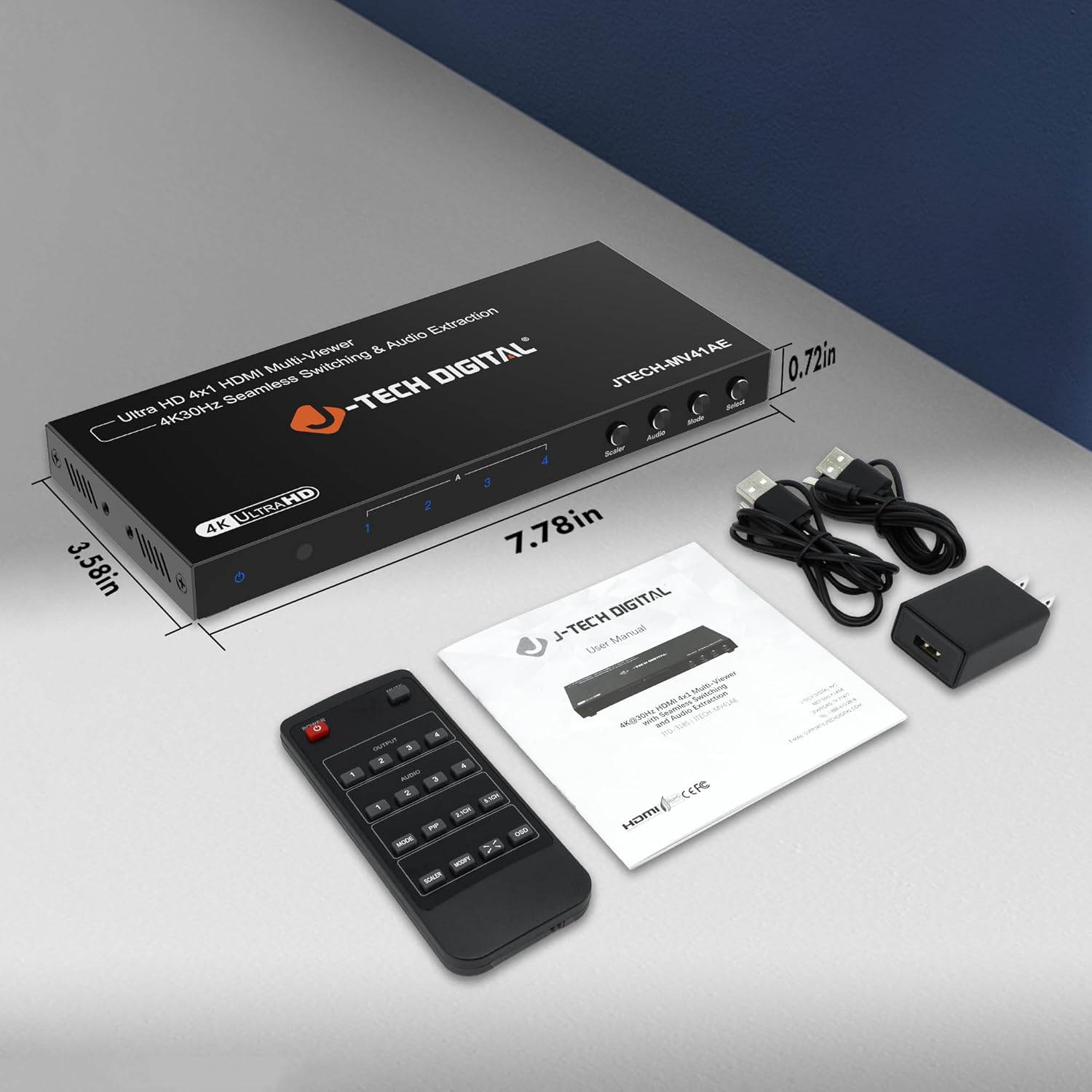 Contents of the J-Tech Digital 4K HDMI Multiviewer Switch package, including the main unit, remote, power adapter, and manual.
