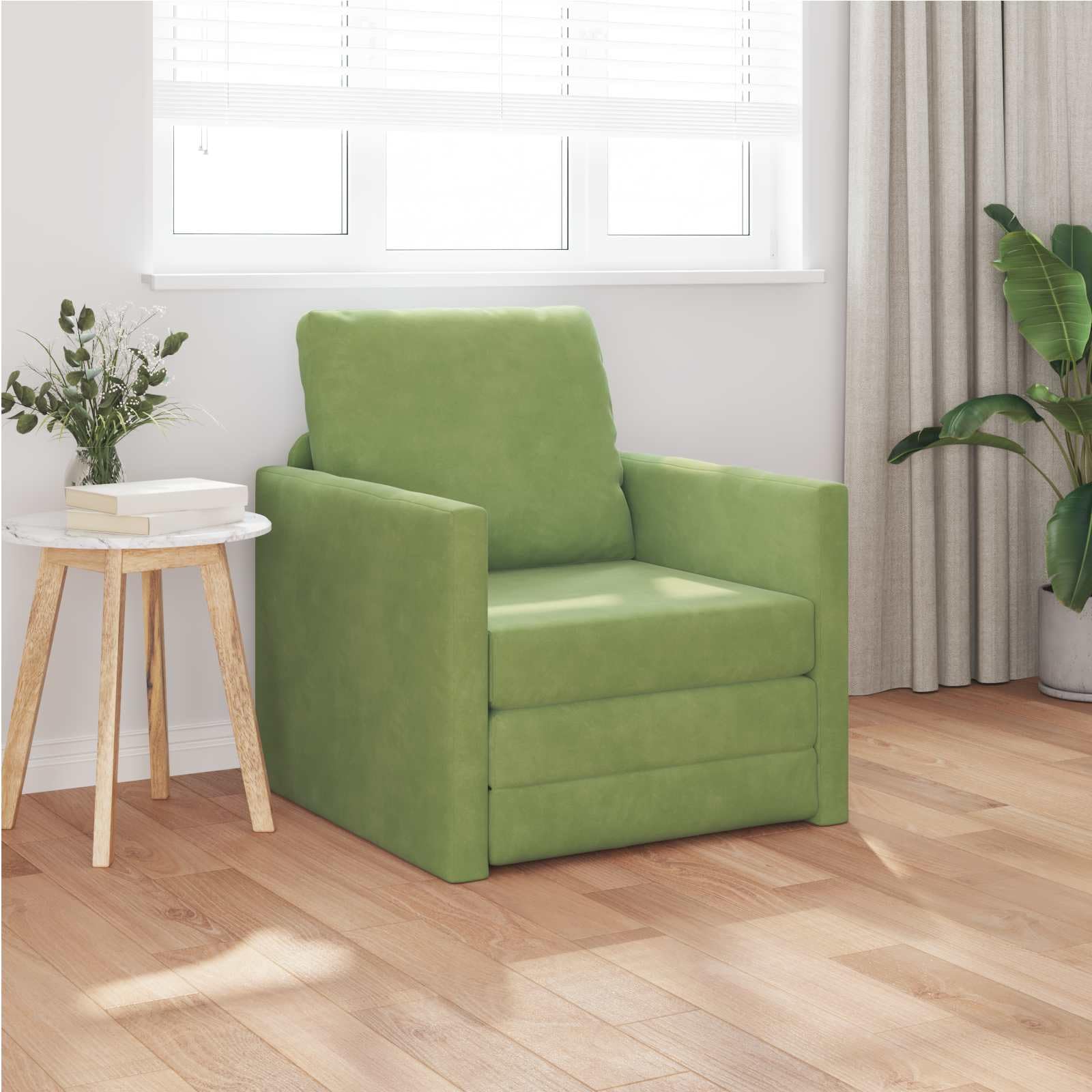 Sofa z funkcją spania jasnozielona z aksamitną tapicerką, 74 x 77 x 81 cm, dwuosobowa z funkcją spania i składanym oparciem, idealna do salonu i biura, wygodna tapicerka z podłokietnikami
