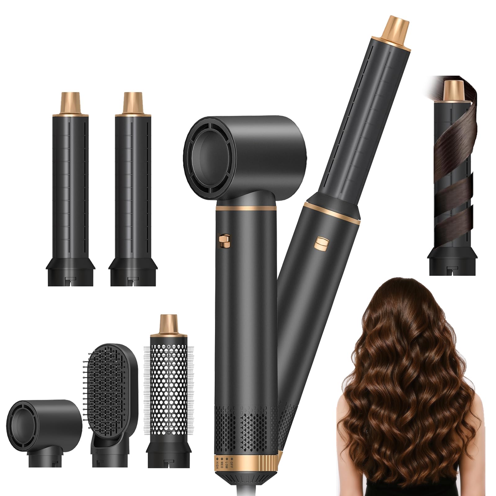 5 in 1 Airstyler 1000W Warmluftbürste Set Haarstyler Rundbürstenföhn, Lockenstab Automatisch, Glätten, Locken,Trockenes Haar